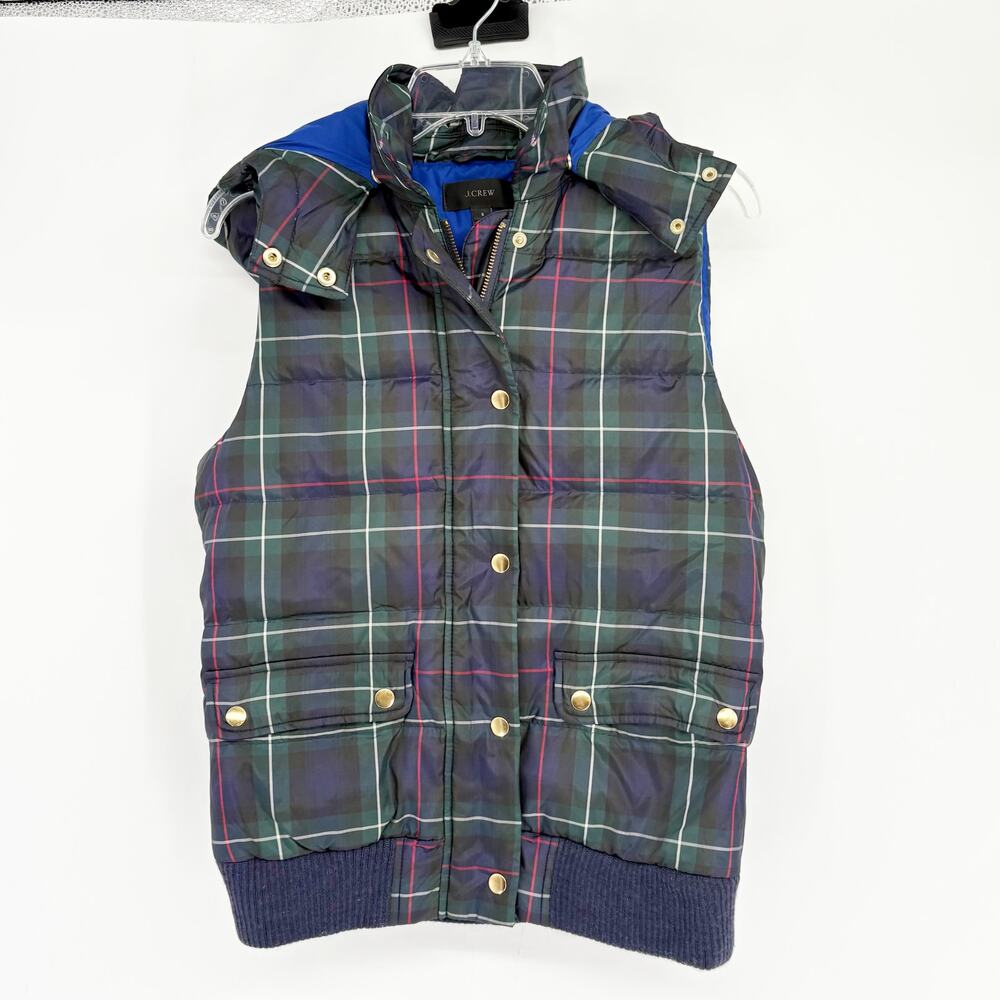 J Crew Plaid Puffer Vest Women's Size Small Zipper Snap Closure Warm Comfortable